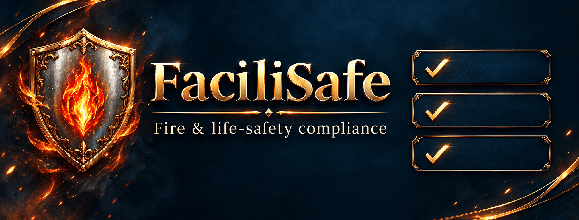 FaciliSafe fire and life-safety compliance banner with a shield and checklist marks